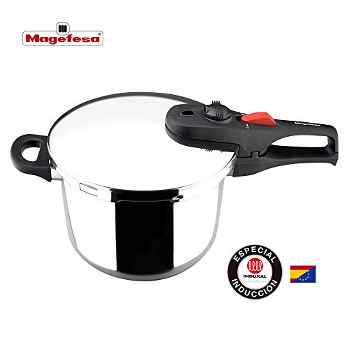 MAGEFESA PRACTIKA PLUS Olla a presión super rápida de fácil uso, acero inoxidable 18/10, apta para todo tipo de cocinas, incluido inducción. Fondo termo difusor encapsulado de 5 capas, excelente distribución del calor, 5 sistemas de seguridad, ahorra hast