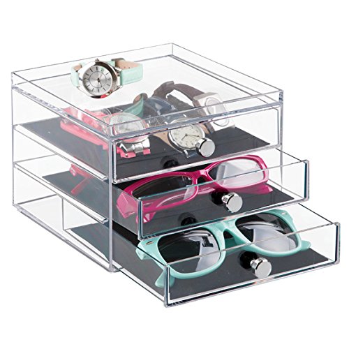 mDesign Caja para Gafas y Gafas de Sol – Preciosa cajonera para Proteger y Guardar Gafas - Práctico Organizador de Gafas con 3 cajones - Plástico Transparente con Tiradores cromados