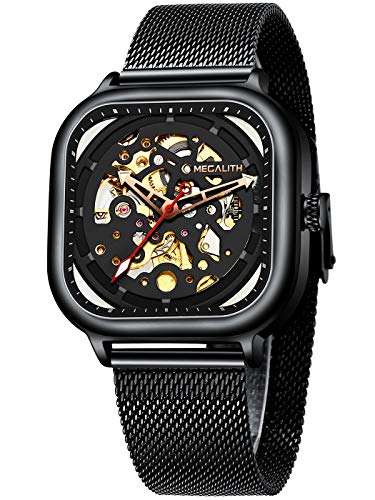 MEGALITH Relojes Hombre Relojes de Pulsera Automatico Mecanicos Militar Elegante Esqueleto Cuadrado Negro Acero Inoxidable Reloj de Malla Azul Analogicos Impermeable Diseño