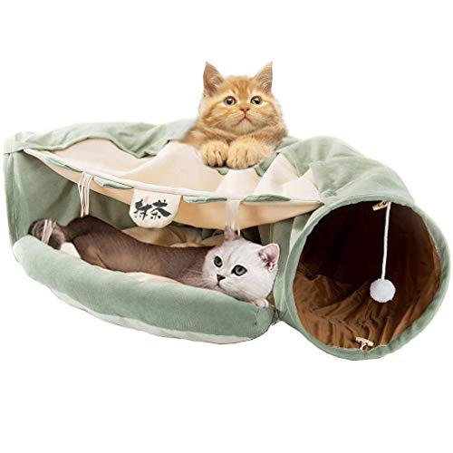 MULEI Cama túnel 2 en 1 centro de juegos con un tubo plegable y una cama extraíble, dos bolas rascadoras para gato, cachorro, gatito, el mejor regalo