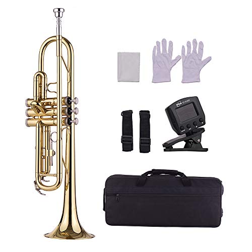 Muslady Trompeta de Latón Bb Estándar Instrumento de Viento con Boquilla Bolsa Guantes Paño de limpieza Sintonizador