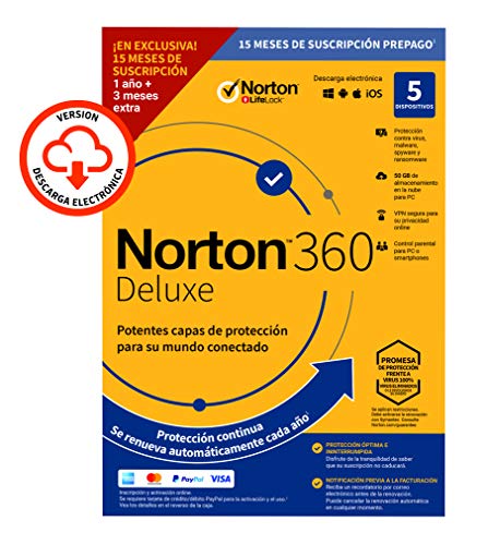 Norton 360 Deluxe 2020 Symantec - Antivirus software para 5 Dispositivos y 15 meses de suscripción con renovación automática, Secure VPN y Gestor de contraseñas, para PC, Mac tableta y smartphone