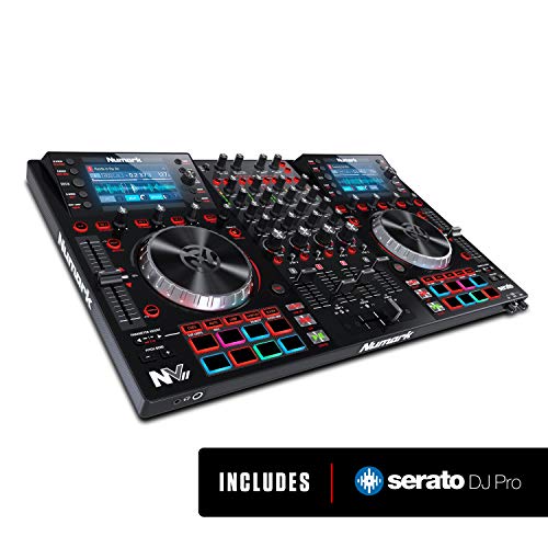 Numark NVII - Controlador de DJ profesional de Doble Pantalla de alta resolución y 4 Decks para Serato DJ (Incluido) con Platos Metálicos, 16 Pads Sensibles a la Velocidad y Paquetes Toolroom Remix