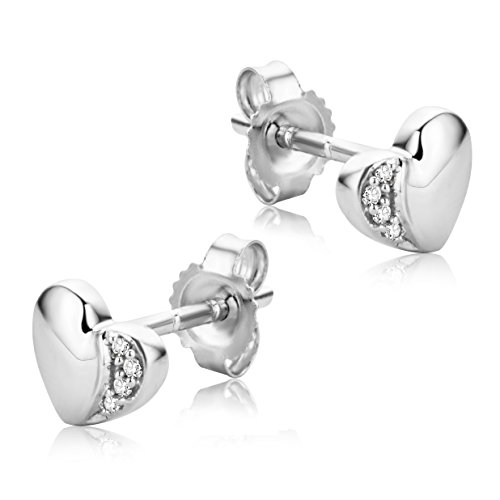 Orovi Pendientes Señora Corazón presión en Oro Blanco con Diamantes Talla Brillante Oro 9 Kt / 375