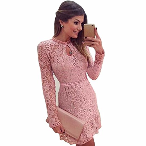 OverDose mujer De Manga Larga O Cuello Hollow Lace Nuevo Club Sexy Pink Slim Party Vestido De Noche (M, Rosado)