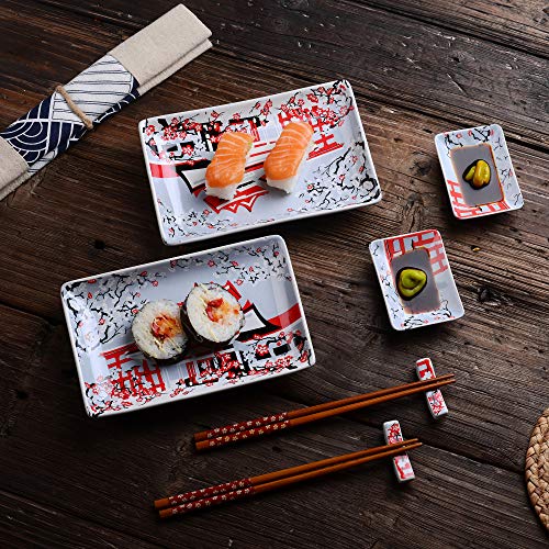 Panbado Vajilla de Sushi de Cerámica 8 Piezas para 2 Personas Juegos de Sushi de Porcelana Estilo Japonés, 2 Platos, 2 Platillos de Salsa, 2 Soportes de Palillos, 2 Pares de Palillos - JS-SUSHI-003