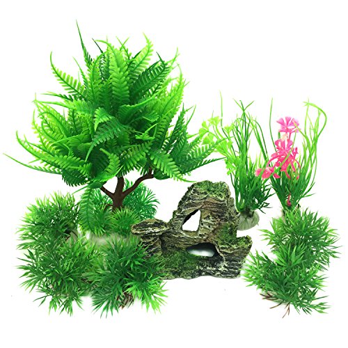 PietyPet - Decoración para pecera, 9 plantas verdes de acuario de plástico y acuario, arrecife de montaña, cueva de roca, resina, pecera, decoración para pecera