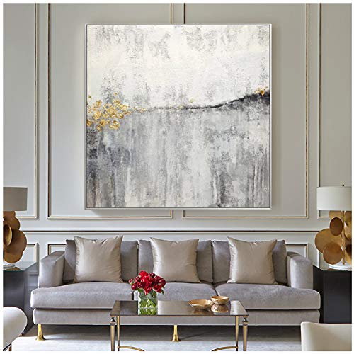 Pintura de lámina de oro pintada a mano pura moderna minimalista porche pasillo luz de lujo pintura de arte decorativo villa grande vertical -80x80cm Sin marco