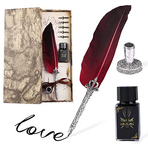 Pluma de Escritura, Joylink Antique Feather Pen Punta Vintage Pinta de Inmersión Metálica 5 Consejos Diferentes, Sobre Vintage, Una Botella de Tinta, Papel Con Membrete y Caja Exquisita (Pluma Roja) Pluma de Escritura, Joylink Antique Feather Pen Punta Vintage Pinta de Inmersión Metálica 5 Consejos Diferentes, Sobre Vintage, Una Botella de Tinta, Papel Con Membrete y Caja Exquisita (Pluma Roja)