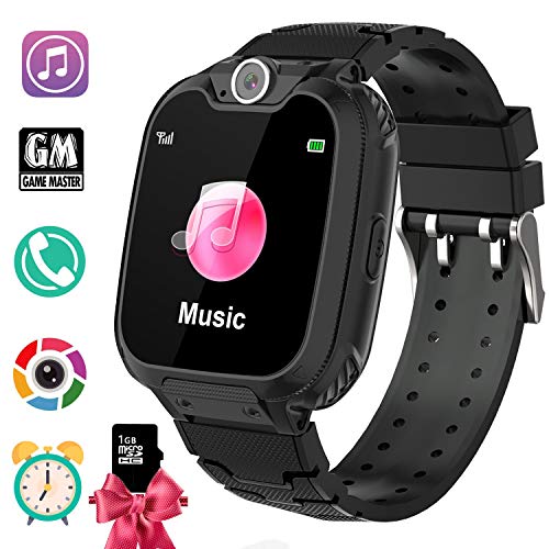 PTHTECHUS Reloj Inteligente para Juegos Infantiles con MP3 Player - [1GB Micro SD Incluido] Llamada de Pantalla táctil de 2 vías Juego de Alarma cámara Reloj Regalo de Juguete de cumpleaños (Azul)