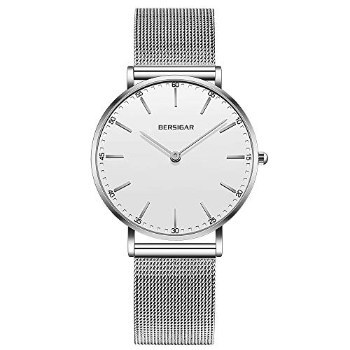 Reloj analógico Mujer de Bersigar, Resistente al Agua, con Correas de Acero Inoxidable, Estilo Minimalista, Reloj Blanco con brazaletes de Plata.