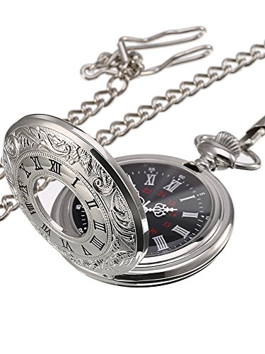 Reloj de Bolsillo de Cuarzo Plateado Clásico de Números Romanos con Cadena (Dial de Color Negro)