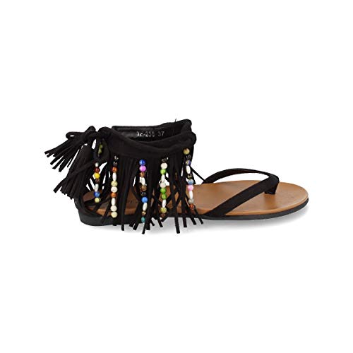 Sandalias Plana de Mujer con Flecos y Adornos Etnicos Primavera Verano 2019. Talla 39 Negro Sandalias Plana de Mujer con Flecos y Adornos Etnicos Primavera Verano 2019. Talla 39 Negro