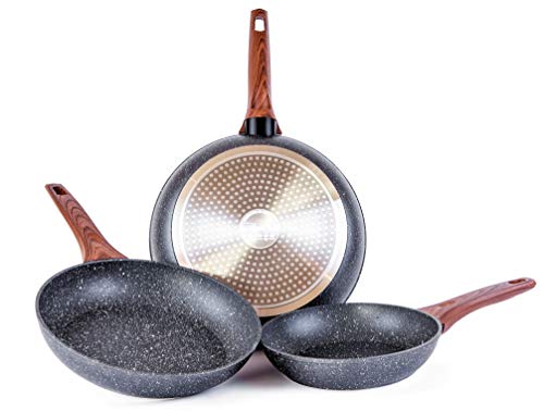 Set de 3 sartenes de aluminio con revestimiento cerámico color mármol y mango suave de baquelita efecto madera, Medidas 20-24-28 cm. SET LAURA by Cloen,Sartenes Cloen. , Set de 3 sartenes de aluminio con revestimiento cerámico color mármol y mango suave de baquelita efecto madera, Medidas 20-24-28 cm. SET LAURA by Cloen,Sartenes Cloen. ,