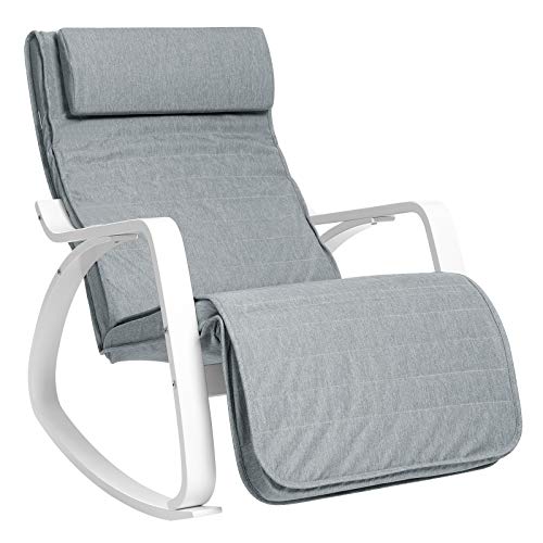 SONGMICS Silla Mecedora en Madera de Abedul, Sillón Mecedora con Reposapiés Regulable en 5 Alturas, Reposabrazos Blancos y Forro Gris en Lino, Colores Elegantes, Capacidad de Carga 150 Kg LYY11WG