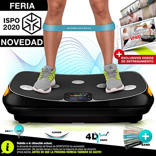 Sportstech ¡Novedad Feria 2019! Plataforma vibratoria 4D VP400, Pantalla táctil Smart LED, Superficie Amplia, Incluye Reloj Remoto, Bandas de Resistencia + Poster con Ejercicios + Estera Fitness