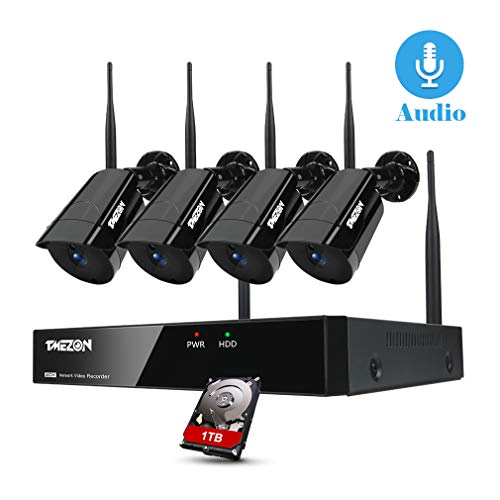 TMEZON Sistema de cámara de Seguridad inalámbrica 8CH con Audio, cámara Tipo Bala 4 * 960P, Kit de cámara CCTV IP WiFi NVR, Disco Duro de 1TB