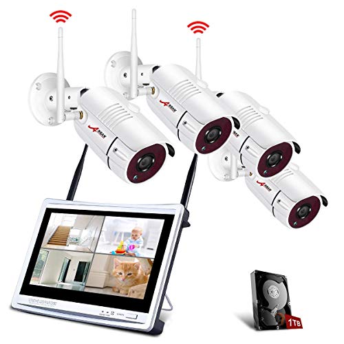 【Todo en uno】Kit Cámaras de Seguridad Inalámbricas con 12' Monitor LCD, ANRAN Kits de Vigilancia NVR WiFi 4CH 1080P con 4PCS 2.0MP Cámaras IP CCTV, Acceso Remoto, Detección de Movimiento,1TB HDD