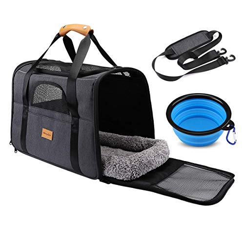 Transportín Perro Gato, Bolsa de Transporte Transpirable para Mascotas, Portador de Viaje con Correa de Hombro Ajustable, Transporte de Gato con Colchón Suave + Tazón Plegable (16.2*12.1*9.45 inch)