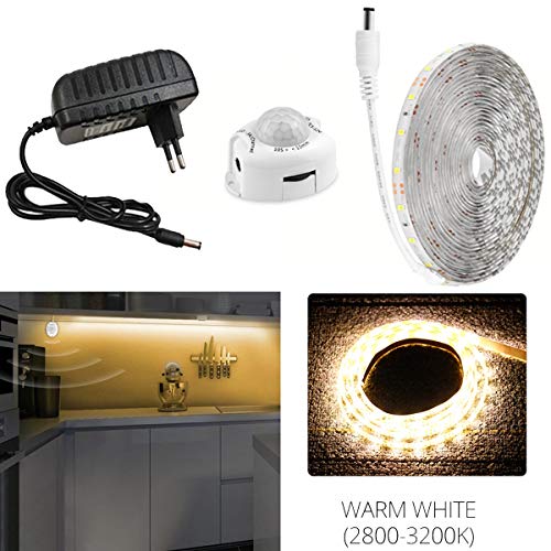 VAWAR 2m Luz nocturna LED - blanco cálido, tiras LED con sensor de movimiento PIR, juego completo con transformador DC 12V, IP65 impermeable para camas infantiles, muebles de pasillo, cocina