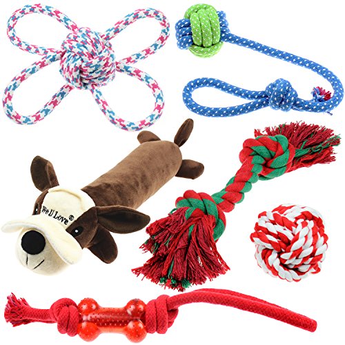 Well Love Juguetes para perro,juguetes para masticar,cuerda de algodón100%natural,juguetes para chirridos,bolas de perro,huesos de perro,juguete de peluche,cuerdas para perro,6unidades,juego de regalo