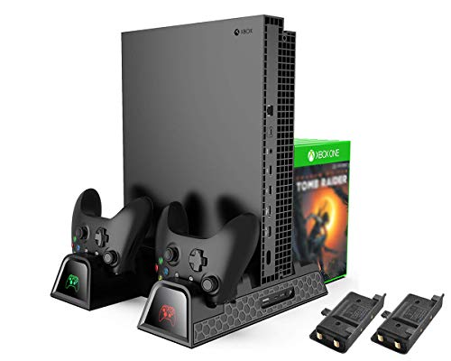 Xbox One Soporte Vertical y Ventilador de Refrigeración, estación de carga, Cargador de Batería Mando, 2x Battery Recargable controller, 12x juegos almacenamiento, USB Hub para Xbox One, One S, One X