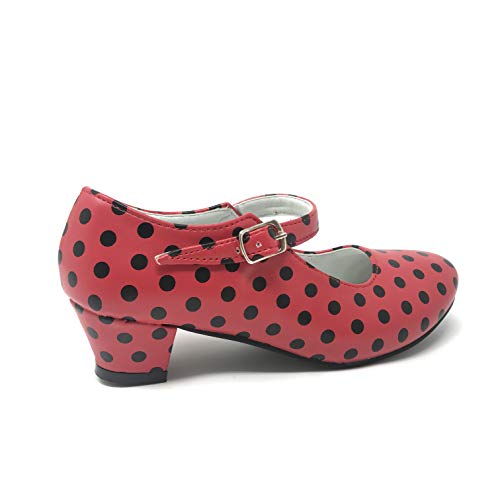 Zapato Flamenco Baile Sevillanas niña o niño Mujer Rojo Rosa Lunares Negros (30, Rojo)