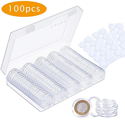 100 cápsulas de plástico para monedas con caja organizadora y 100 juntas de espuma para coleccionar libras euro conmemorativas (25 mm/27 mm/30 mm)