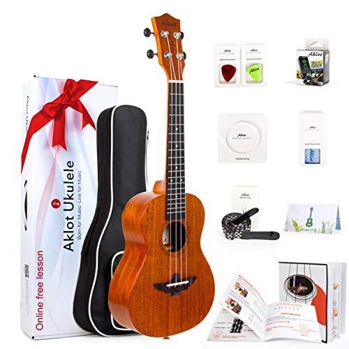 Aklot Concierto Ukelele de 23 Pulgadas Caoba Maciza Ukeleles Para Principiantes Profesionales Con Curso en línea gratuito y 8 Kit de inicio