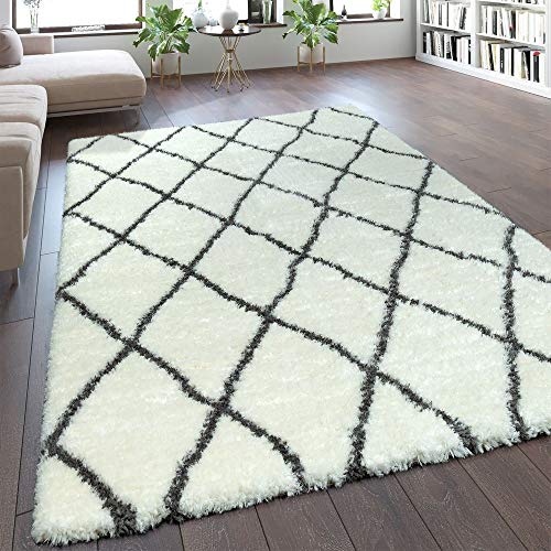 Alfombra Pelo Largo Mullida Moderna Shaggy Estilo Flokati Motivo Rombos Crema, tamaño:160x230 cm