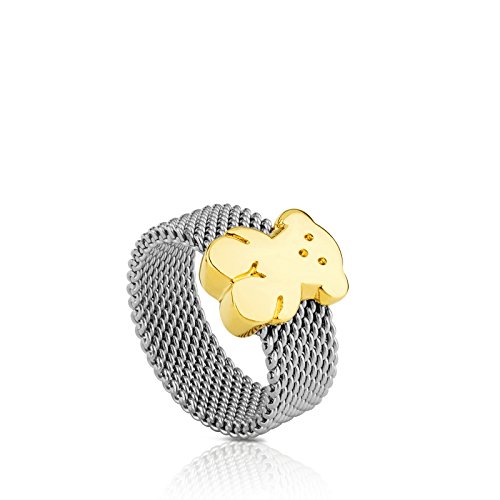 Anillo TOUS Mesh en acero inoxidable con oso en oro amarillo de 18kt, Ancho: 0,7 cm, Oso 1 cm, Talla 11,5 cm