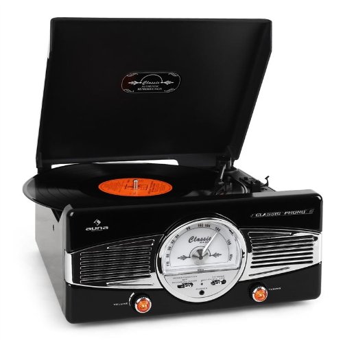 AUNA MG-TT-82B - estéreo, Tocadiscos, accionamiento por Correa, máx. 45 RPM, Altavoces estéreo, diseño de los años 50, Play/Stop automático, sintonizador de Radio, Receptor de FM, Negro