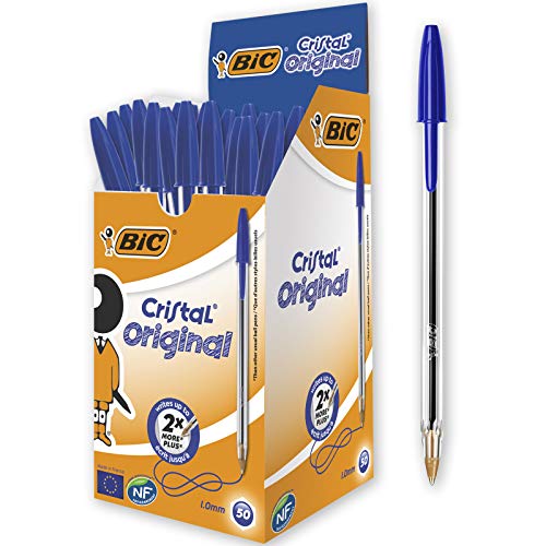 BIC Cristal Original - Caja de 50 unidades, bolígrafos punta media (1,0 mm), color azul