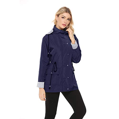 Chubasquero Mujer Chaqueta Impermeable Abrigo Manga Larga Deporte Portable Seco RáPido Rompevientos con Capucha(Azul-M)