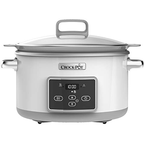 Crock-Pot 5L Duraceramic Csc026X Olla de cocción lenta digital, recipiente compatible con fuego e inducción, para preparar todo tipo de recetas, 5 litros, 0 Decibeles, Acero Inoxidable, Blanco