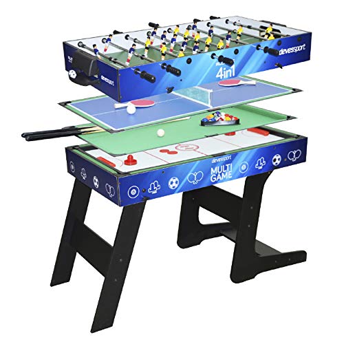 Devessport - Sport Arena - Multijuego 4 en 1 - Futbolín, Billar, Airhockey, Ping-Pong, Barras metálicas, Mango de plástico - Medidas: 122 x 60.5 x 82 Cm