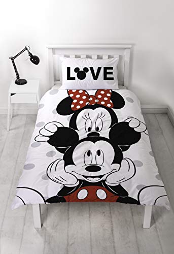 Disney - Funda de edredón con Funda de Almohada a Juego de Mickey & Minnie Mouse, Reversible, Dos Caras, polialgodón, Color Gris y Blanco