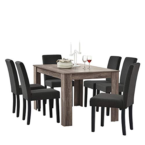 [en.casa] Set de Comedor Elegante Mesa de diseño Roble Antiguo con 6 sillas Gris Oscuro - 140x90cm