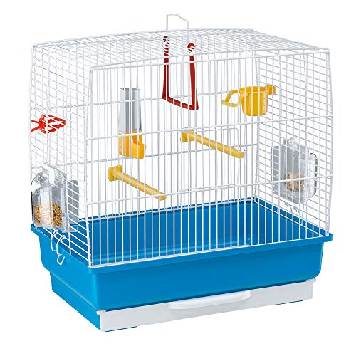 Ferplast Jaula Rectangular para pequeños pájaros exóticos y Canarios Rekord 2 con Accesorios y comederos giratorios, Alambre Pintado Blanco y cubeta de plástico Azul Celeste, 39 x 25 x h 41 cm