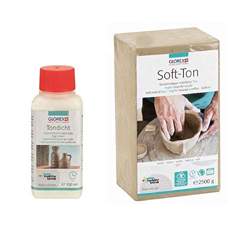 Glorex GmbH Set para creativos: Soft Ton 2500 g en blanco, se endurece al aire o inflamable y 100 ml de barro para sellar