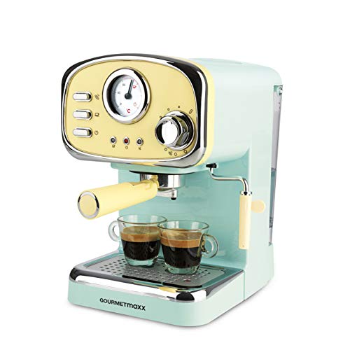 GOURMETmaxx Máquina de café expreso con colador eléctrico, pantalla analógica de temperatura, con calentador de tazas y vaporizador de leche (diseño retro, 1100 vatios)
