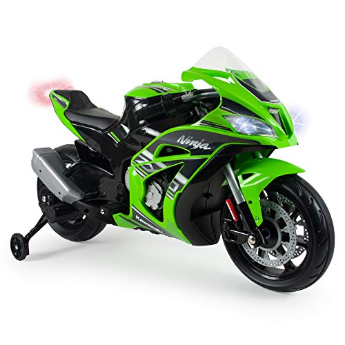 INJUSA- Moto ZX10 Ninja Kawasaki de 12 V, licenciada con luces y sonidos, recomendada a partir de los 3 años, Color verde (6495)