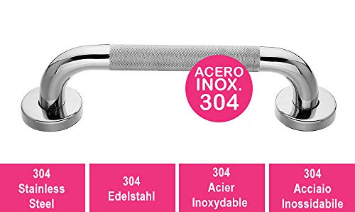 Kibath 143141 Asa de seguridad antideslizante 25cm de acero inoxidable 304 con acabado en cromo brillo y 6 puntos de anclaje, tacos y tornillos incluidos