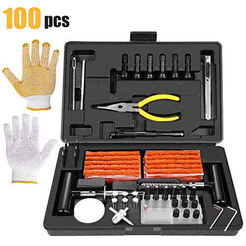 Kit de Reparación de Neumáticos 100pcs, TECCPO Reparación de Neumáticos con Mechas para llantas, Herramientas Automotrices Punción Multifuncional con Maleta Negra, Guantes, Clavos de Reparación Rápida