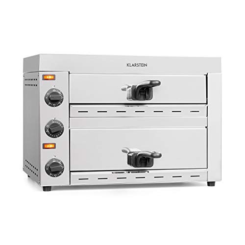 Klarstein Vesuvio II Pro horno para pizzas - 2260 W, 2 cámaras, superficie de horneado de 360 x 330 mm, temperatura de 300 °C, bandeja para migas, acero inoxidable, horno, pan y bollería, plateado