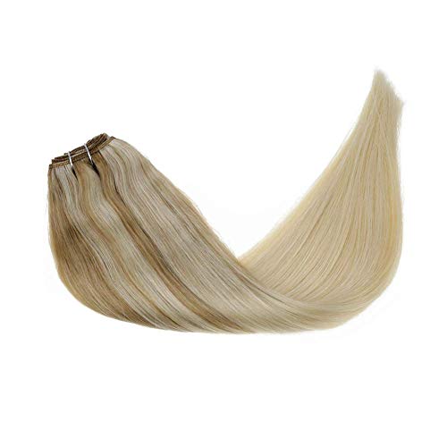 LaaVoo 35cm Rubio Ceniza Balayage Bionda Media Ombre Rubia Platino Straight Hair Bundles Extensiones Pelo Remy Naturales Sewing Trama de Cabello Corto 100GR