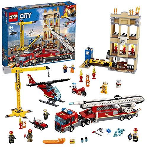 LEGO City - Fire Brigada Distrito Centro, Juguete Divertido y Creativo de Bomberos con Camión, Grúa, Edificio, Moto y Helicóptero (60216)