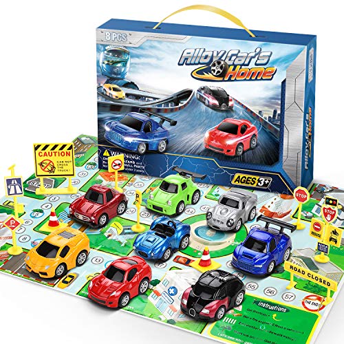 lenbest Coches Juguete, Coches para Niños, Coche Metalico Juguete, Coches de Juguetes Cars para 3 Años en adelante, 8 x Coches de Aleación, 10 x Juego de Barrera