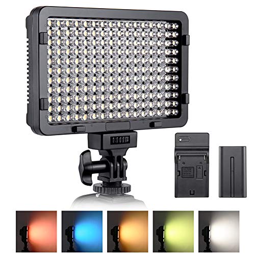 Luz de video LED, ESDDI 176 LED Ultra Brillante Regulable CRI 95+ Luz de Cámara con Juego de Baterías NP-F550 y 5 Filtros de Color para Iluminación Colorida, Fotografía de Retratos, Video y Youtube