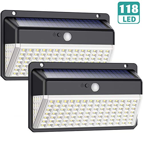 Luz Solar Exterior 118 LED, Trswyop【Versión Impermeable 2 Unidades】Foco Solar Exterior con Sensor de Movimiento Gran Ángulo 270º Inalámbrico Lámpara Solar con 3 Modos Inteligentes para Jardín